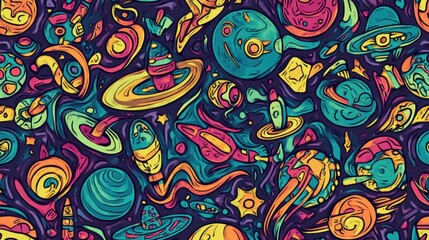 Naklejka premium Colorful Abstract Space Pattern with Planets and Rockets