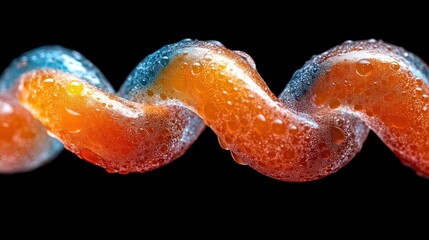 Close-up of a vibrant, swirling, wet, textured, spiral shape with orange and blue hues against a black background.