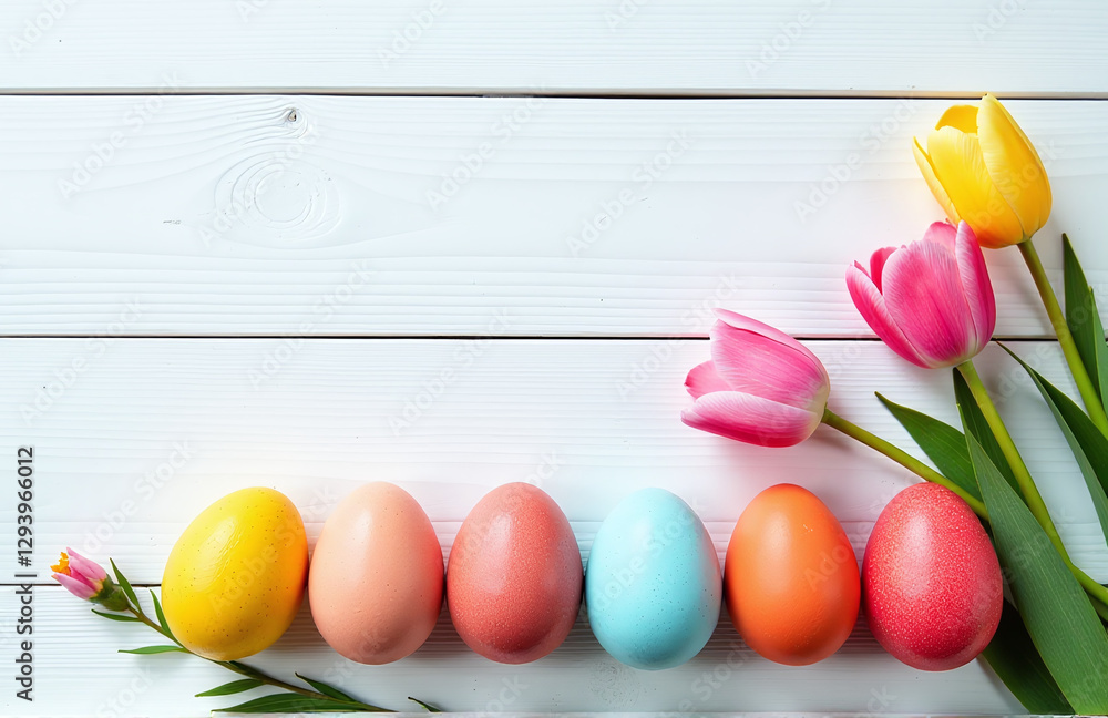 Poster natural dyed colorful eggs and spring flowers create a beautiful, rustic scene against a white woode