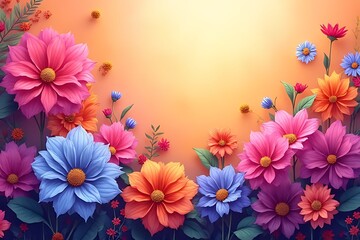Fototapeta premium Colorful flowers are arranged against a warm gradient backdrop, forming a vibrant border.