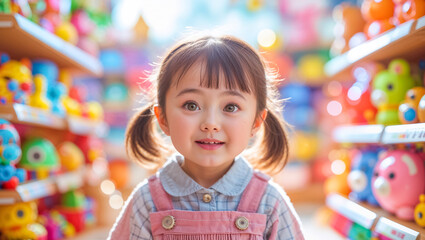 portrait little happy asian girl in toy store