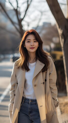 카라 코트 입은 아름다운 한국 여성