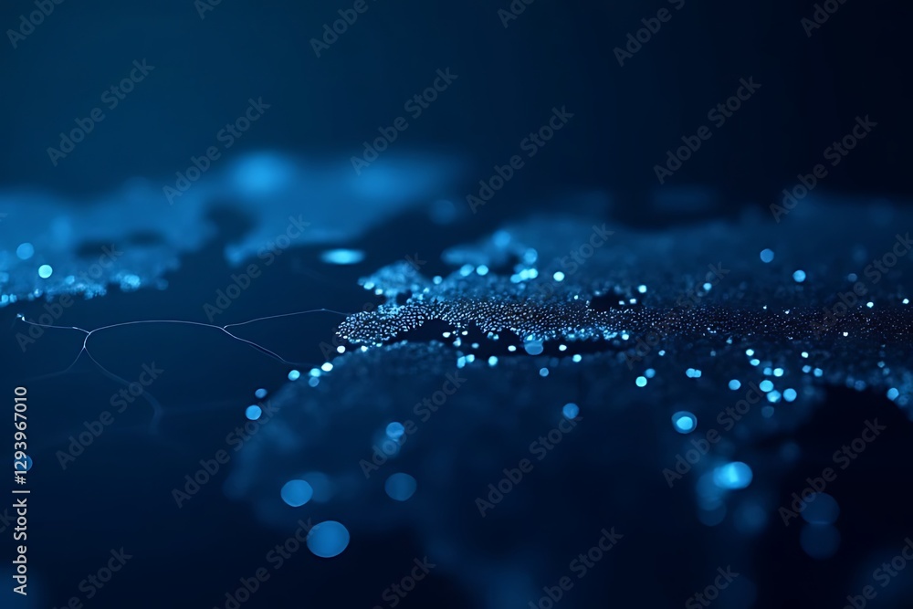 Poster dark blue world map is illuminated with interconnected glowing points and lines.