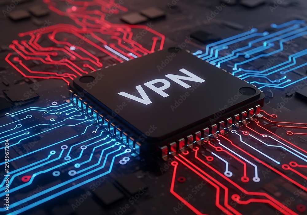 Aufkleber a close-up view of an electronic microchip circuit board with the acronym vpn printed on its surface