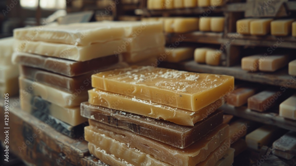 Poster various colorful soap bars are stacked on rustic wooden shelves in a cozy shop. the setting is warm 