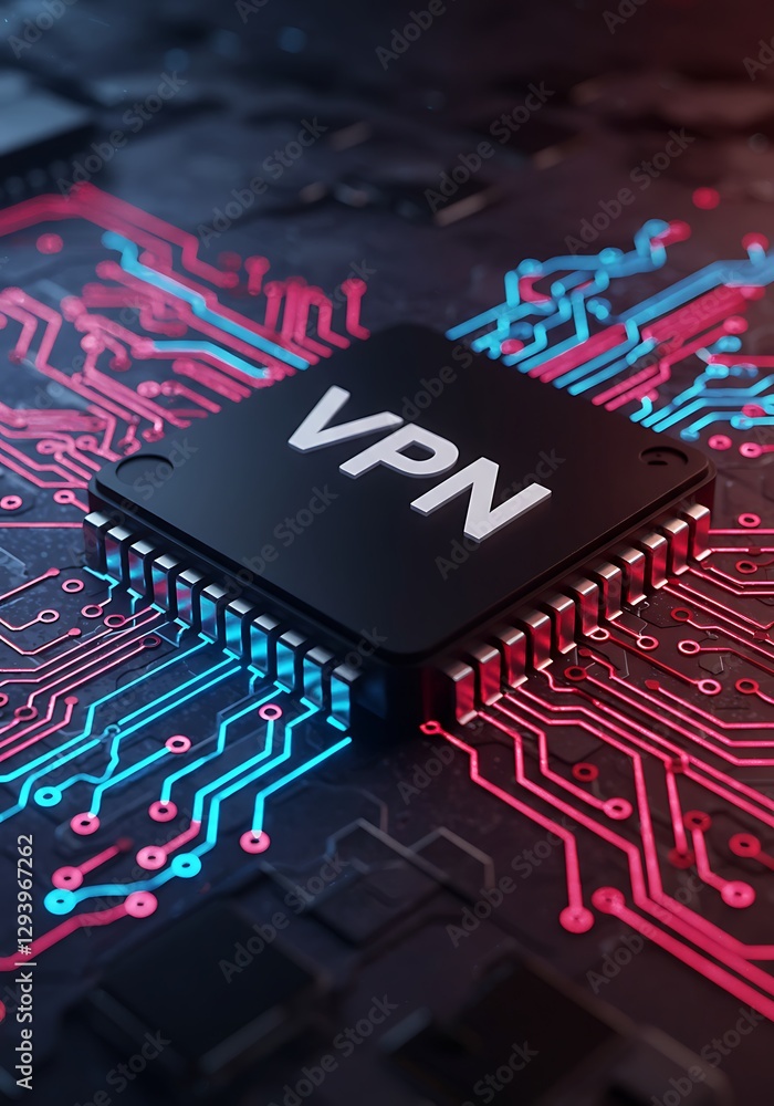 Poster a close-up view of an electronic microchip circuit board with the acronym vpn printed on its surface