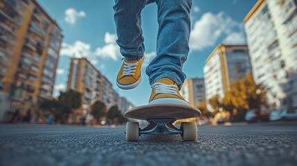 Low-angle close-up of person's feet skateboarding on city street.