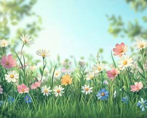 Fototapeta premium Colorful flowers blooming in a sunny meadow.