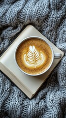 A cup of aromatic coffee with a delicate foam design placed on a book, wrapped in a knitted woolen blanket. The perfect setting for a peaceful and cozy reading time.