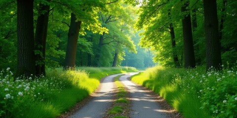 Obraz premium Serene Pathway Through Lush Green Canopy, Sunlight Dappling the Winding Road and Wildflowers