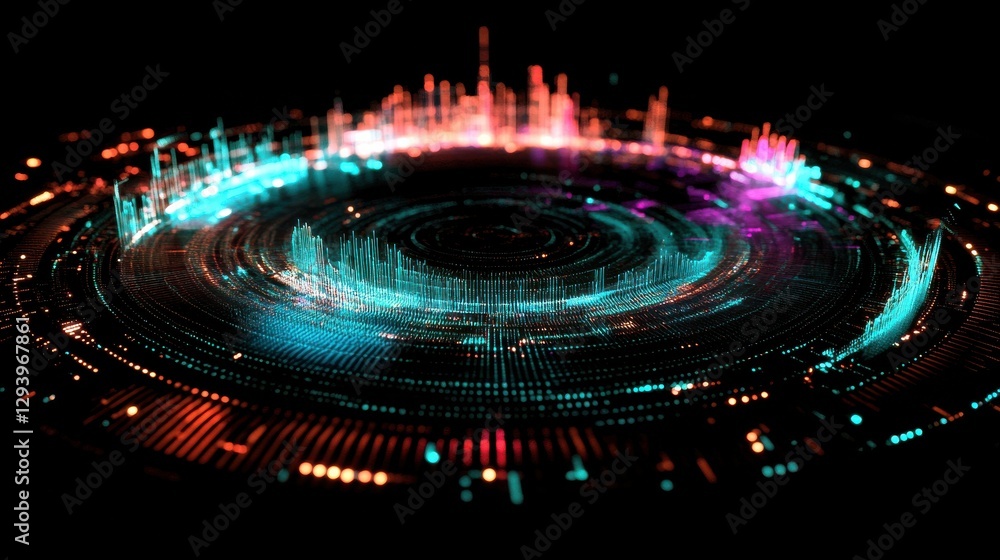 Poster colorful abstract digital visualization of data in circular pattern