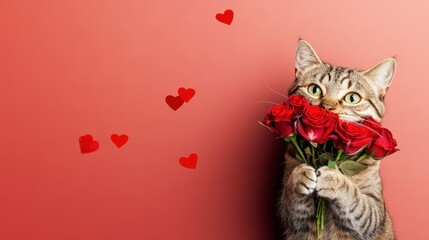 A tabby cat holds a bouquet of red roses against a red background