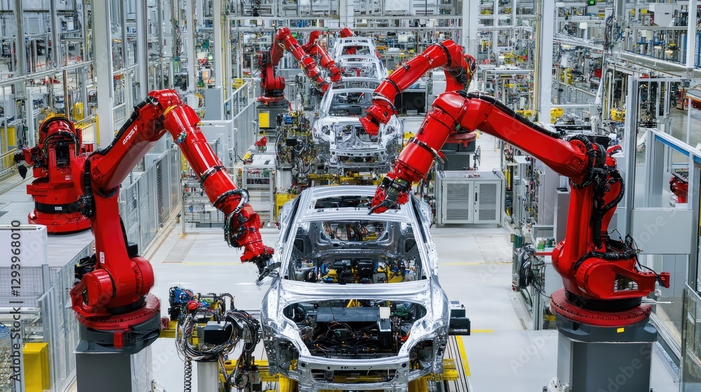 Poster automobile production line with multiple robotic arms installing components on a car body.