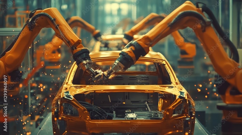 Poster automobile production line with multiple robotic arms installing components on a car body.
