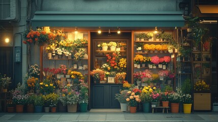 Illuminated flower shop storefront at night, displaying various colorful bouquets and potted plants.