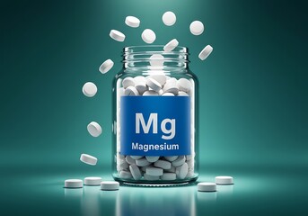 Close-up of magnesium supplement capsules spilling from a bottle, labeled with Mg element symbol, for promoting body wellness, dietary health, and nutritional support.