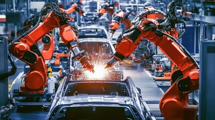 Fototapeta premium Auto assembly line with precision robots welding and assembling vehicle parts in sync.