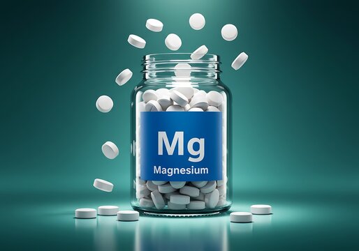 Close-up of magnesium supplement capsules spilling from a bottle, labeled with Mg element symbol, for promoting body wellness, dietary health, and nutritional support.