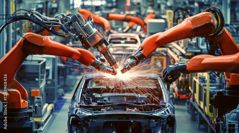 Poster auto assembly line with precision robots welding and assembling vehicle parts in sync.