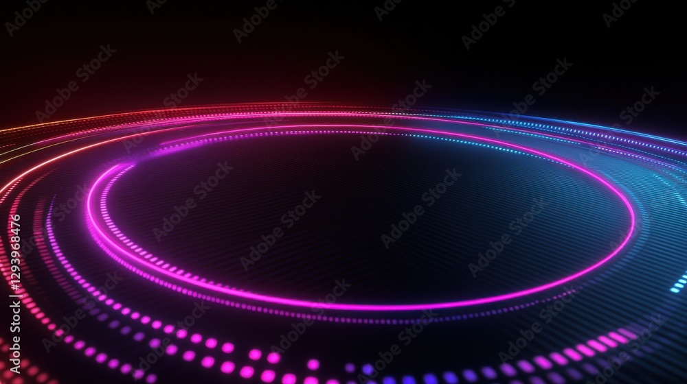 Poster glowing circular pattern with colorful light effects on dark background