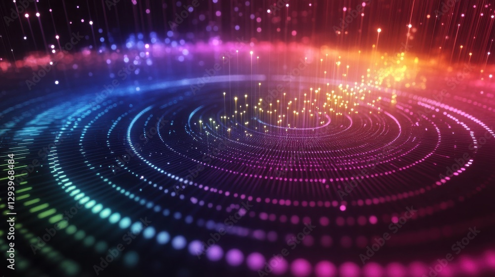 Poster colorful abstract light waves in circular patterns with glitter effects