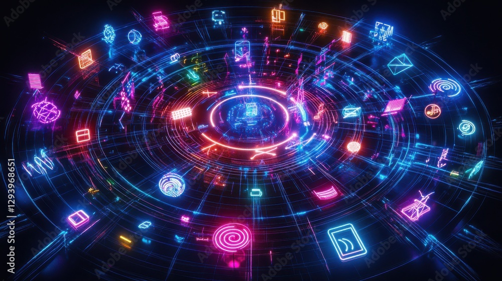 Aufkleber vibrant neon digital icons with abstract tech elements in 3d space