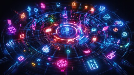 Vibrant Neon Digital Icons with Abstract Tech Elements in 3D Space