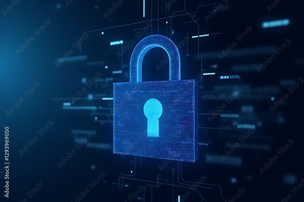 Poster digital blue padlock floats amid lines and data symbolizing cybersecurity protection.