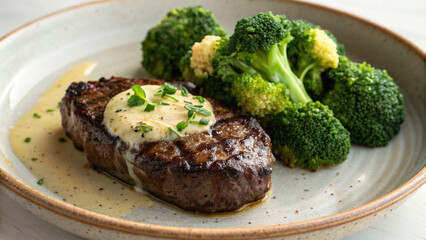 Steak plant based food Concept, Delicious plant based steak served with broccoli and creamy sauce