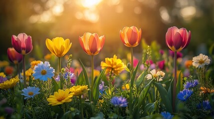 Four tulips in vibrant colors bloom in a sunlit field of wildflowers.