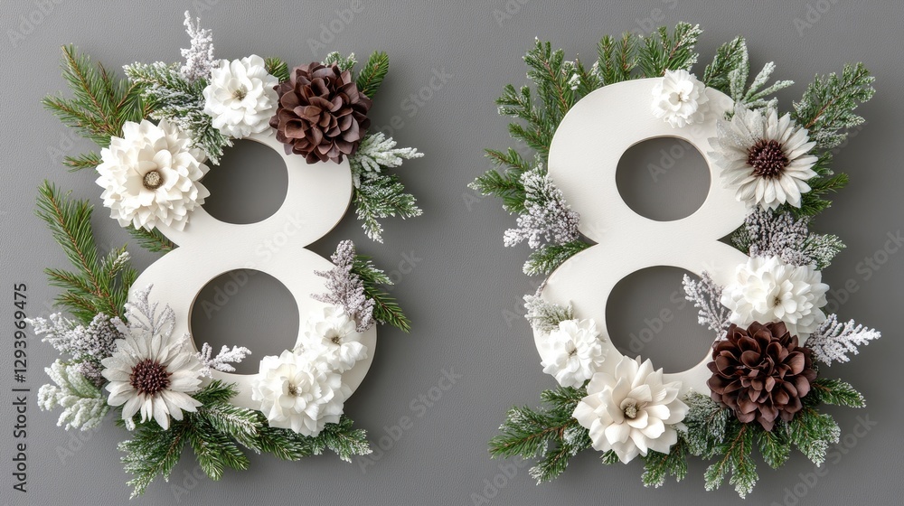 Poster a number 8 is elegantly framed by an assortment of flowers in soft hues on a white surface for a vis