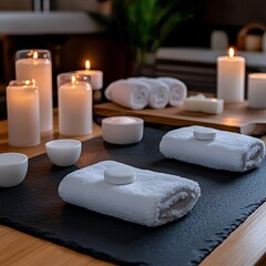 Spa treatment setup, candles, towels, wellness