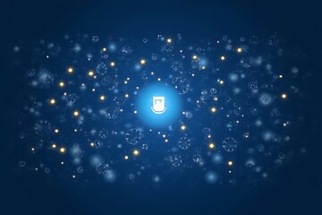 Obraz premium digital illustration features glowing particles, and clock-like shapes over a blue backdrop.