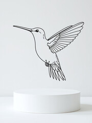 Minimalist Podium Decorated With An Outlined Hummingbird, White Background Detailed Feathers, Realism