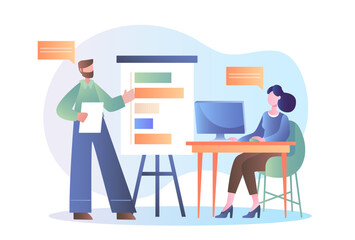 Business meeting with a man presenting a chart to a woman at a desk with a computer. Flat design style on a light blue background. Concept of business communication. Vector illustration