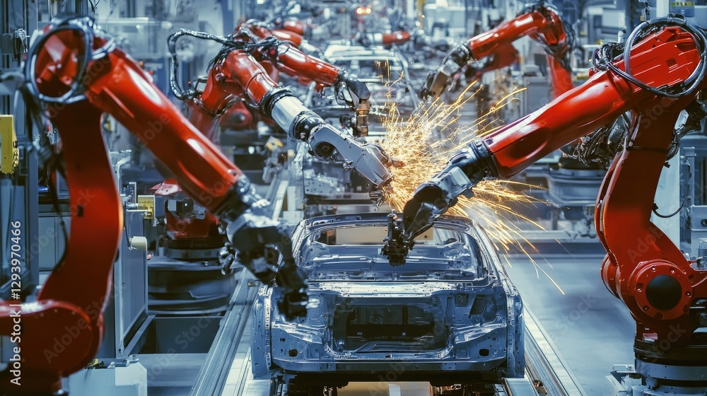 Poster automobile production line with multiple robotic arms installing components on a car body.