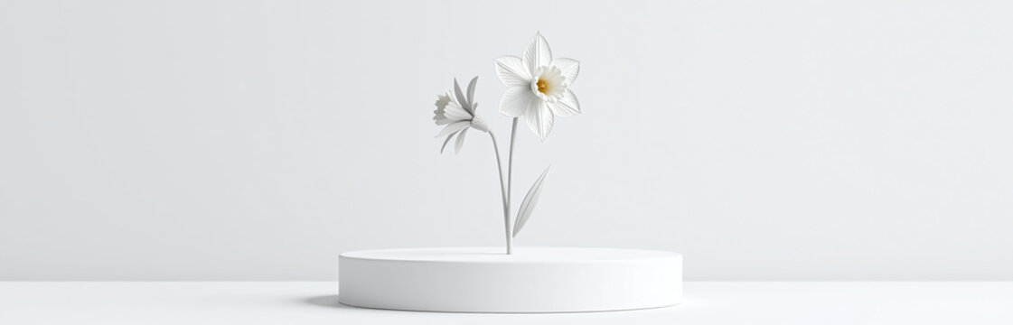 Minimalist Podium Decorated With A Single Outlined Daffodil, White Background Intricate Petal Details, Realism