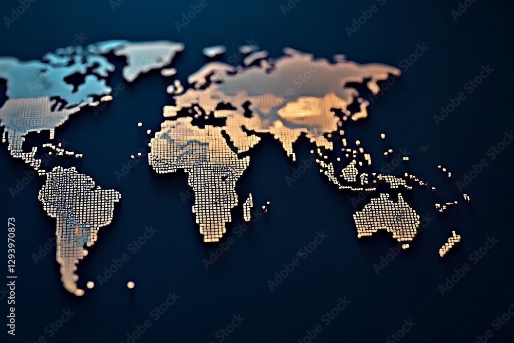 Poster digital world map is rendered with metallic dots on a dark surface.