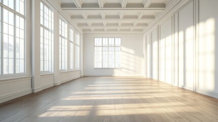 Empty Luxurious White Room with Hardwood Flooring and Sunlight