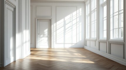 Obraz premium Elegant Empty Room with Hardwood Floor and Large Windows