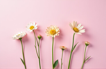 Obraz premium Mimosa Flowers With Delicate Petals And Soft Colors Against A Pale Pastel Pink Flat Lay Background.