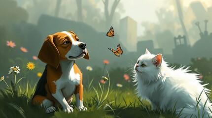 Curious dog and cat watching butterflies in a sunny garden, digital animal art