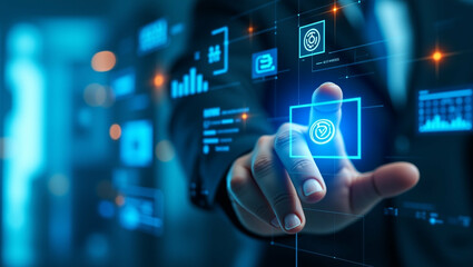 Businessman interacts with futuristic interface screen for data analysis