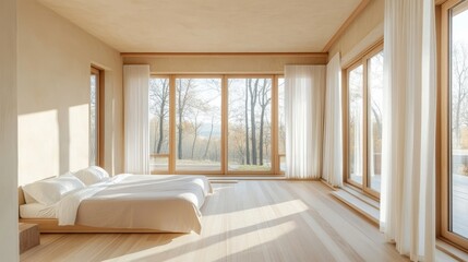 Obraz premium Serene Modern Bedroom with Panoramic Forest View