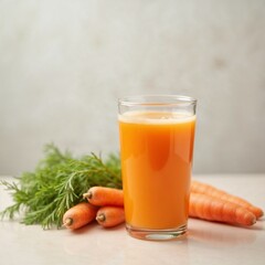 Glass of Fresh Carrot Juice with Whole Carrots on a Light Kitchen Countertop, Minimal Background, Natural Light