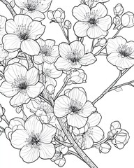 Delicate outline of blooming flowers and branches.