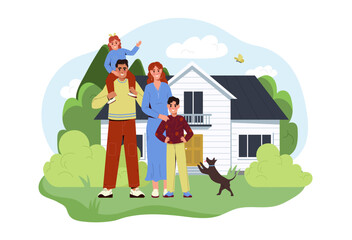 Family with children and dog in front of house. Cartoon style on white background. Concept of family, home, and happiness. Vector illustration