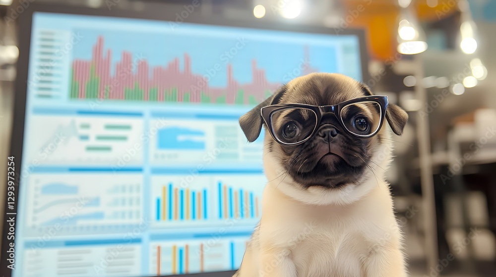 Poster pug puppy wearing eyeglasses working with charts and graphs on computer screen