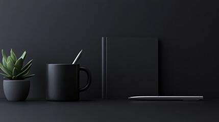 Minimalist Black Desk Setup with Notebook, Pen, and Coffee Mug