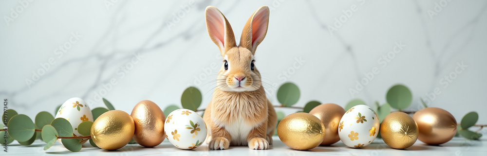 Poster luxury easter bunny surrounded by gold and eucalyptus decorated eggs on a white marble table in a fl